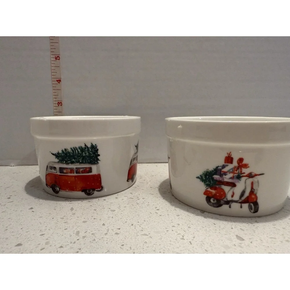 Ciroa Celebrate Christmas Ramekins Custard Cups VW‎ Van & Scooter Trees Set Of 2